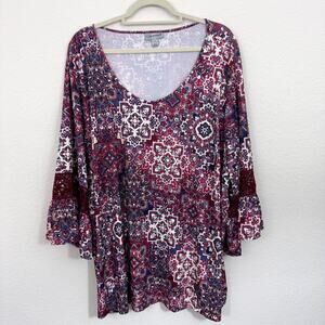 Catherine's Womens Blouse Top Size 3X Floral Embroidered Flowy Classic Red